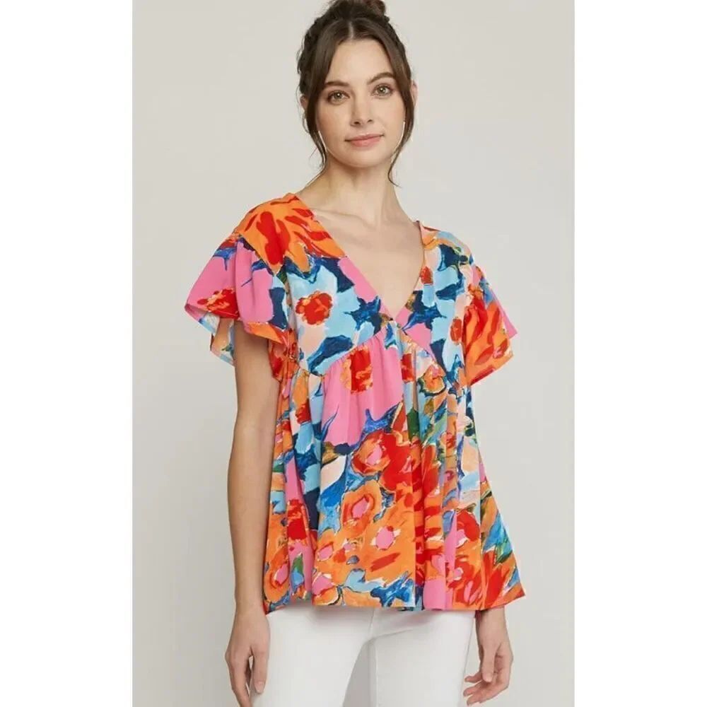 Entro Women's Floral Double V Ruffle Sleeve Tunic Top
